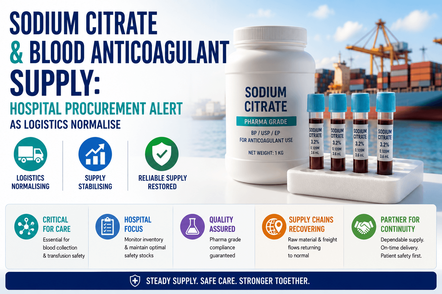 Suministro de citrato de sodio y anticoagulantes sanguíneos: alerta sobre adquisiciones hospitalarias a medida que se normaliza la logística
