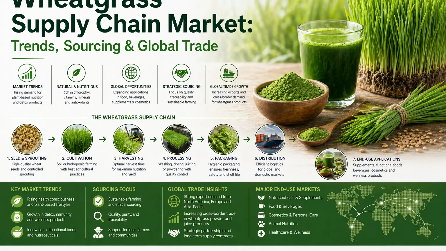 Mercado de la cadena de suministro de pasto de trigo: tendencias, abastecimiento y comercio global