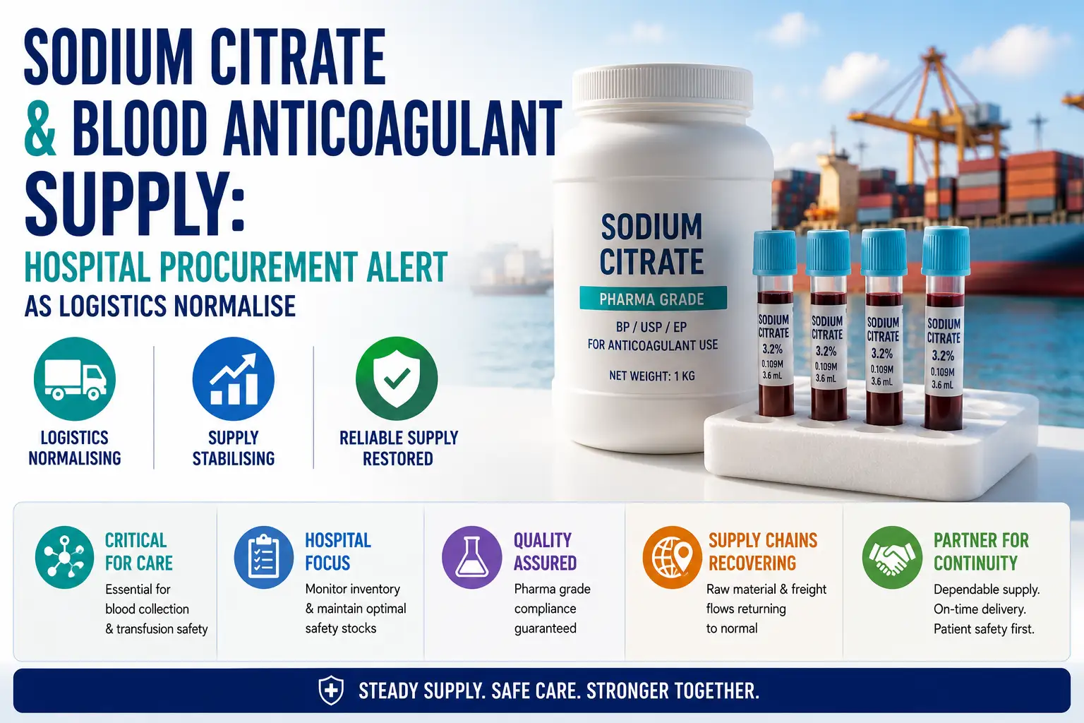 Suministro de citrato de sodio y anticoagulantes sanguíneos: alerta sobre adquisiciones hospitalarias a medida que se normaliza la logística